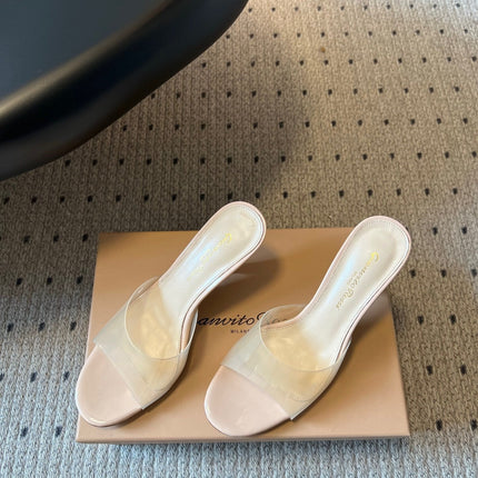 GIANVITO ROSSI 26S HEELED SANDALS 75 MM IN LIGHT BEIGE PATENT CALFSKIN AND PVC