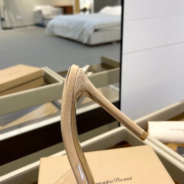 GIANVITO ROSSI 26S HEELED SANDALS 105 MM IN BEIGE PATENT CALFSKIN