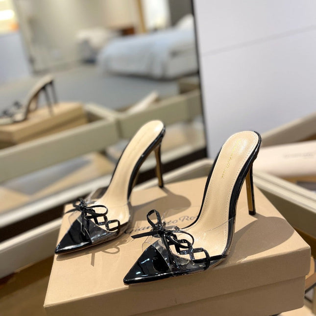 GIANVITO ROSSI 26S HEELED SANDALS 105 MM IN BLACK PATENT CALFSKIN WITH BOW