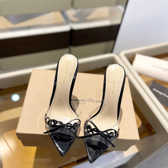 GIANVITO ROSSI 26S HEELED SANDALS 105 MM IN BLACK PATENT CALFSKIN WITH BOW