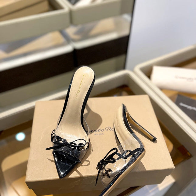 GIANVITO ROSSI 26S HEELED SANDALS 105 MM IN BLACK PATENT CALFSKIN WITH BOW