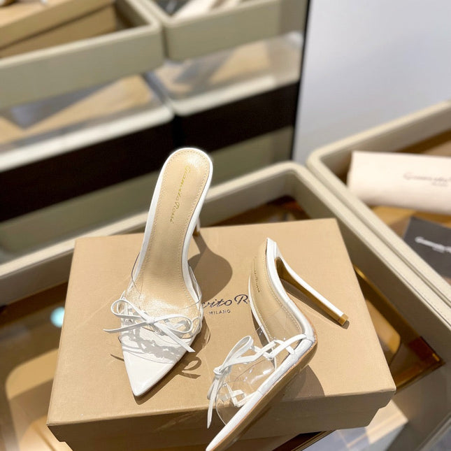GIANVITO ROSSI 26S HEELED SANDALS 105 MM IN WHITE PATENT CALFSKIN WITH BOW