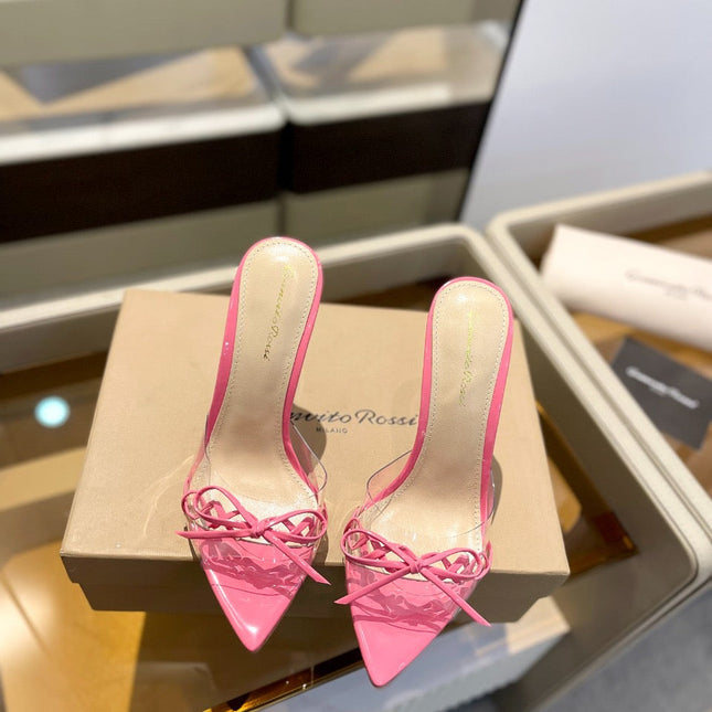GIANVITO ROSSI 26S HEELED SANDALS 105 MM IN LIGHT PINK PATENT CALFSKIN WITH BOW