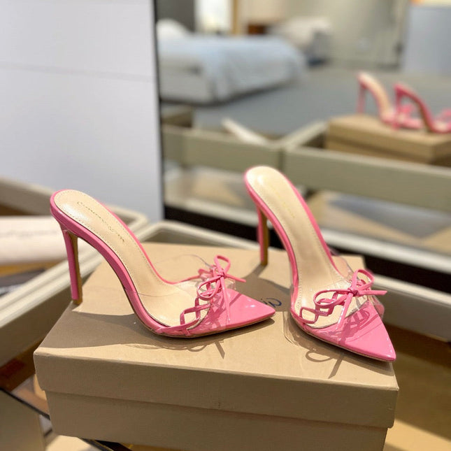 GIANVITO ROSSI 26S HEELED SANDALS 105 MM IN LIGHT PINK PATENT CALFSKIN WITH BOW