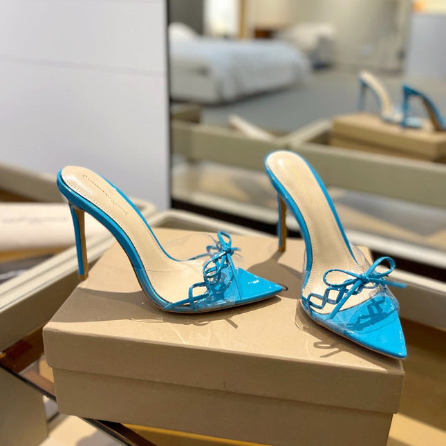 GIANVITO ROSSI 26S HEELED SANDALS 105 MM IN AZURE BLUE PATENT CALFSKIN WITH BOW