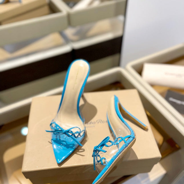 GIANVITO ROSSI 26S HEELED SANDALS 105 MM IN AZURE BLUE PATENT CALFSKIN WITH BOW