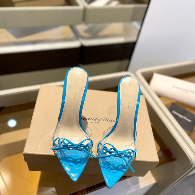 GIANVITO ROSSI 26S HEELED SANDALS 105 MM IN AZURE BLUE PATENT CALFSKIN WITH BOW