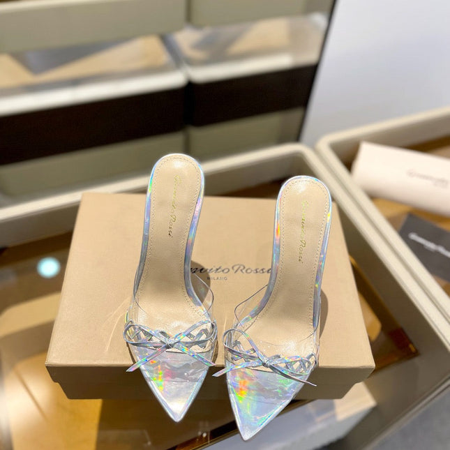 GIANVITO ROSSI 26S HEELED SANDALS 105 MM IN IRIDESCENT SILVER PATENT CALFSKIN WITH BOW