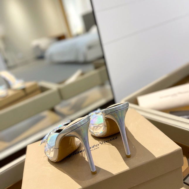 GIANVITO ROSSI 26S HEELED SANDALS 105 MM IN IRIDESCENT SILVER PATENT CALFSKIN WITH BOW