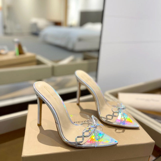 GIANVITO ROSSI 26S HEELED SANDALS 105 MM IN IRIDESCENT SILVER PATENT CALFSKIN WITH BOW