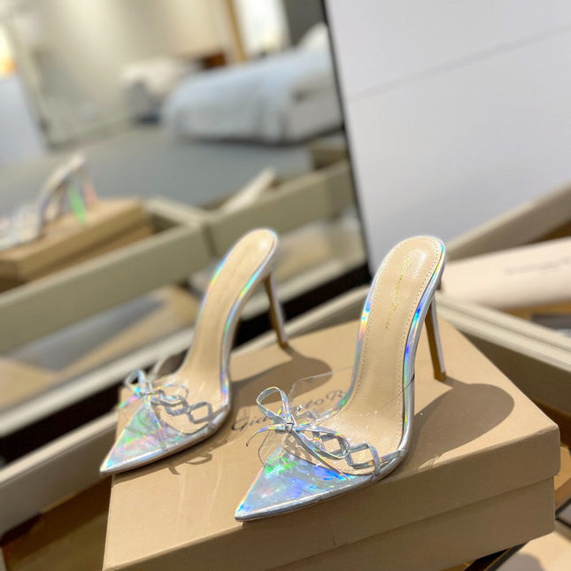 GIANVITO ROSSI 26S HEELED SANDALS 105 MM IN IRIDESCENT SILVER PATENT CALFSKIN WITH BOW