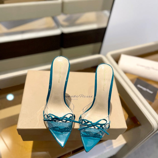 GIANVITO ROSSI 26S HEELED SANDALS 105 MM IN TEAL BLUE PATENT CALFSKIN WITH BOW