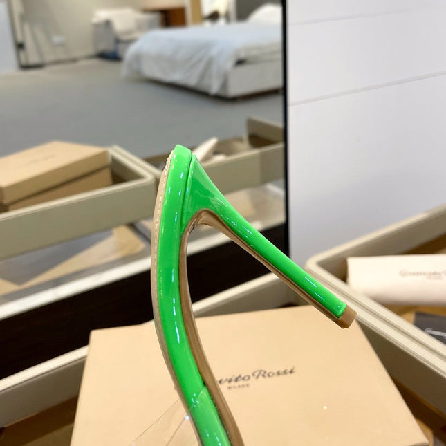 GIANVITO ROSSI 26S HEELED SANDALS 105 MM IN GREEN PATENT CALFSKIN WITH BOW