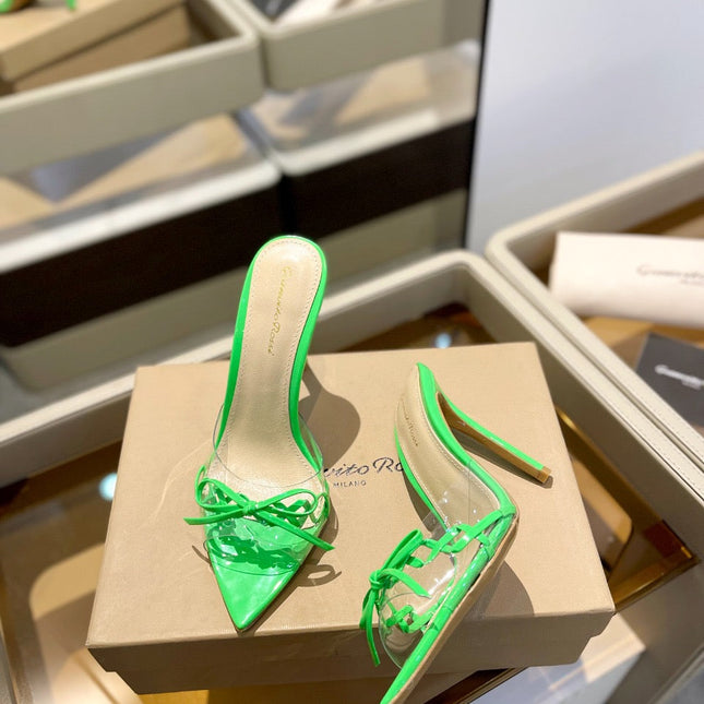 GIANVITO ROSSI 26S HEELED SANDALS 105 MM IN GREEN PATENT CALFSKIN WITH BOW