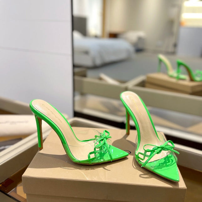 GIANVITO ROSSI 26S HEELED SANDALS 105 MM IN GREEN PATENT CALFSKIN WITH BOW