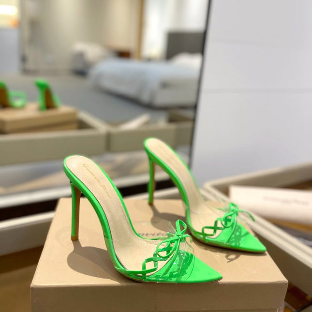 GIANVITO ROSSI 26S HEELED SANDALS 105 MM IN GREEN PATENT CALFSKIN WITH BOW