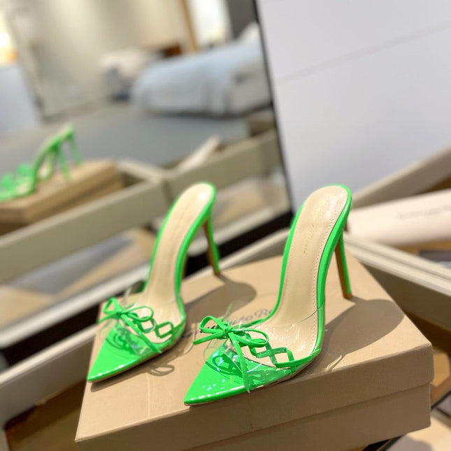GIANVITO ROSSI 26S HEELED SANDALS 105 MM IN GREEN PATENT CALFSKIN WITH BOW