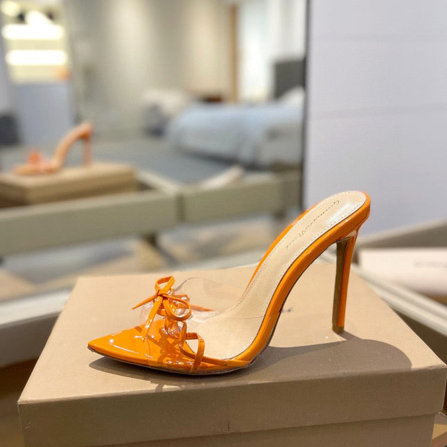 GIANVITO ROSSI 26S HEELED SANDALS 105 MM IN ORANGE PATENT CALFSKIN WITH BOW