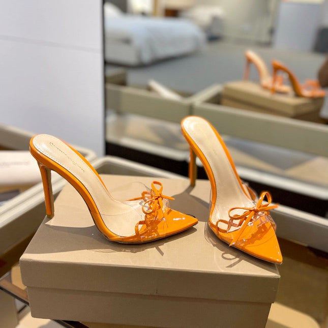 GIANVITO ROSSI 26S HEELED SANDALS 105 MM IN ORANGE PATENT CALFSKIN WITH BOW