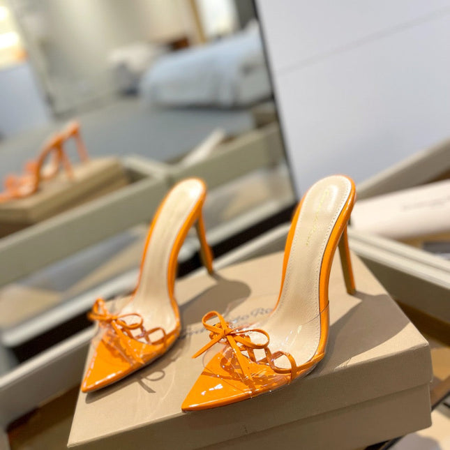 GIANVITO ROSSI 26S HEELED SANDALS 105 MM IN ORANGE PATENT CALFSKIN WITH BOW