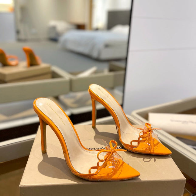 GIANVITO ROSSI 26S HEELED SANDALS 105 MM IN ORANGE PATENT CALFSKIN WITH BOW