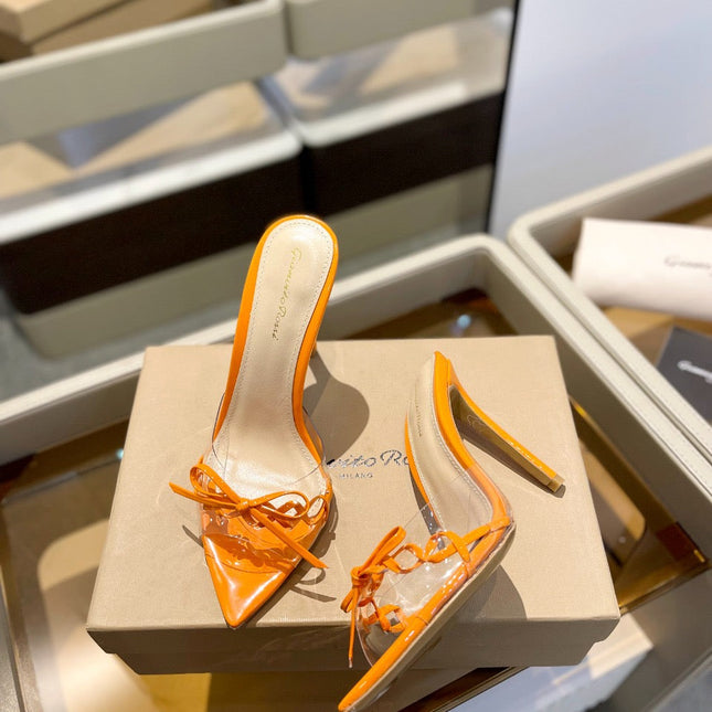 GIANVITO ROSSI 26S HEELED SANDALS 105 MM IN ORANGE PATENT CALFSKIN WITH BOW