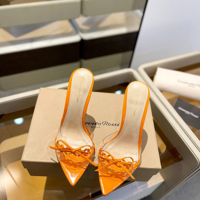 GIANVITO ROSSI 26S HEELED SANDALS 105 MM IN ORANGE PATENT CALFSKIN WITH BOW