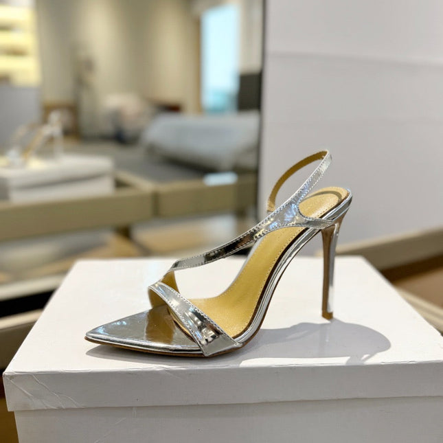 GIANVITO ROSSI 26S STRAPPY HIGH-HEEL SANDALS 105 MM IN SILVER PATENT CALFSKIN
