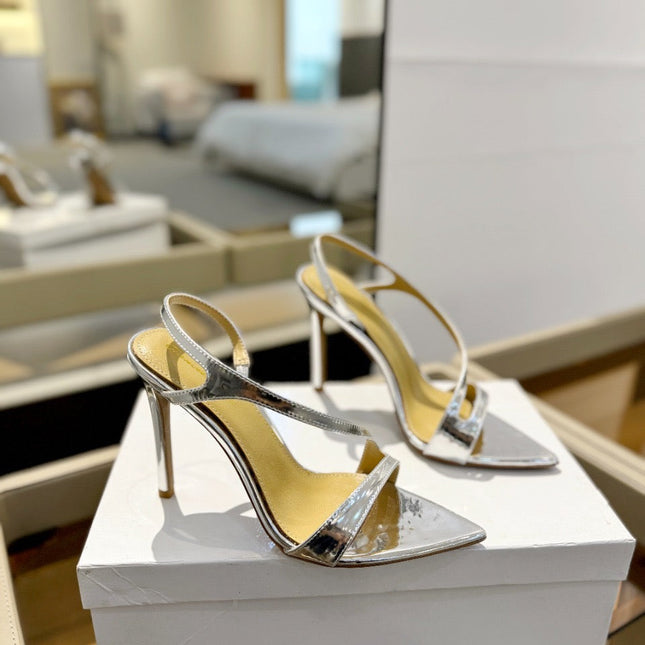 GIANVITO ROSSI 26S STRAPPY HIGH-HEEL SANDALS 105 MM IN SILVER PATENT CALFSKIN