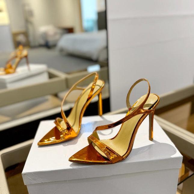 GIANVITO ROSSI 26S STRAPPY HIGH-HEEL SANDALS 105 MM IN METALLIC ORANGE GOLD PATENT CALFSKIN