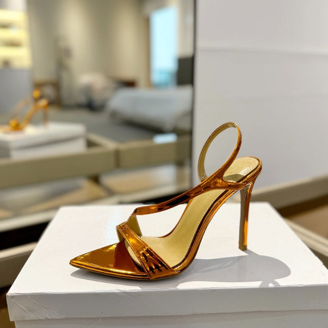 GIANVITO ROSSI 26S STRAPPY HIGH-HEEL SANDALS 105 MM IN METALLIC ORANGE GOLD PATENT CALFSKIN