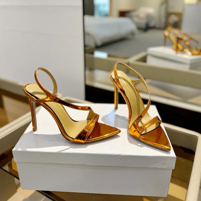 GIANVITO ROSSI 26S STRAPPY HIGH-HEEL SANDALS 105 MM IN METALLIC ORANGE GOLD PATENT CALFSKIN