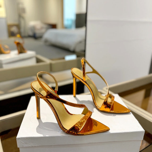 GIANVITO ROSSI 26S STRAPPY HIGH-HEEL SANDALS 105 MM IN METALLIC ORANGE GOLD PATENT CALFSKIN
