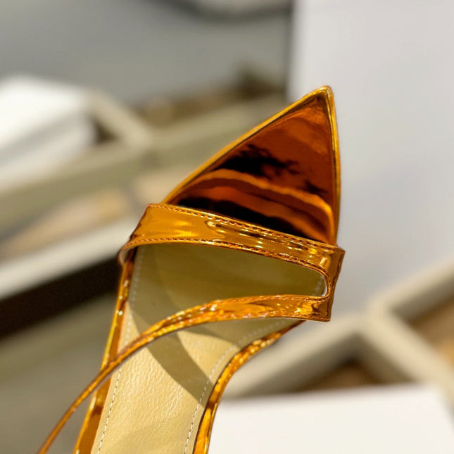 GIANVITO ROSSI 26S STRAPPY HIGH-HEEL SANDALS 105 MM IN METALLIC ORANGE GOLD PATENT CALFSKIN