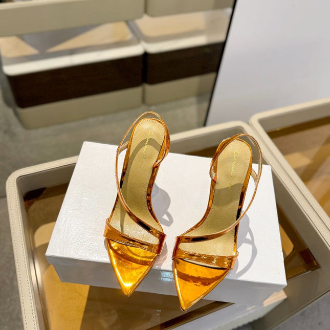 GIANVITO ROSSI 26S STRAPPY HIGH-HEEL SANDALS 105 MM IN METALLIC ORANGE GOLD PATENT CALFSKIN