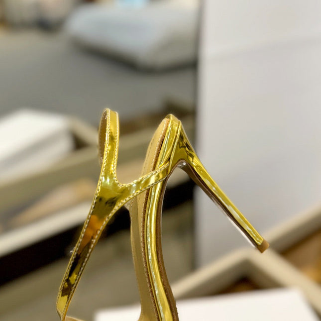 GIANVITO ROSSI 26S STRAPPY HIGH-HEEL SANDALS 105 MM IN GOLD PATENT CALFSKIN
