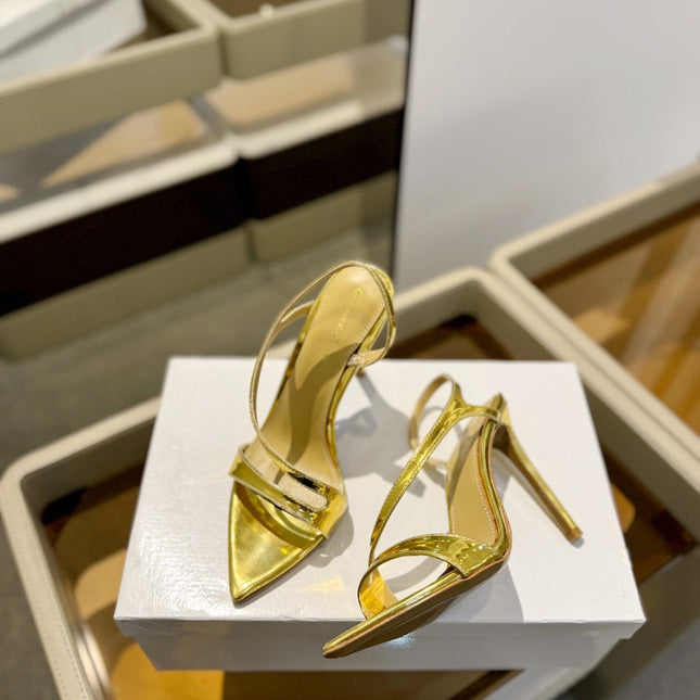 GIANVITO ROSSI 26S STRAPPY HIGH-HEEL SANDALS 105 MM IN GOLD PATENT CALFSKIN