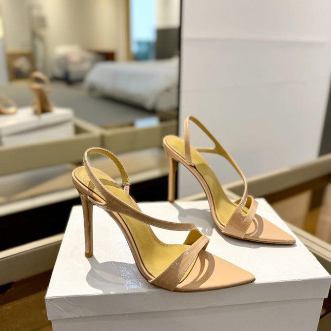 GIANVITO ROSSI 26S STRAPPY HIGH-HEEL SANDALS 105 MM IN BEIGE PATENT CALFSKIN