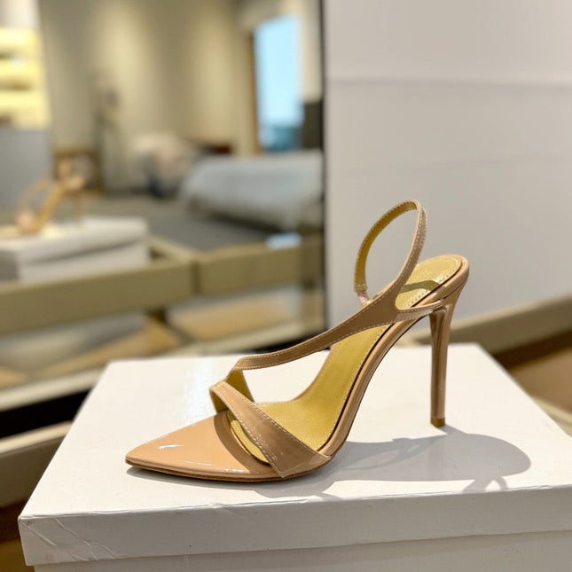 GIANVITO ROSSI 26S STRAPPY HIGH-HEEL SANDALS 105 MM IN BEIGE PATENT CALFSKIN