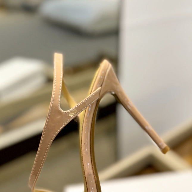 GIANVITO ROSSI 26S STRAPPY HIGH-HEEL SANDALS 105 MM IN BEIGE PATENT CALFSKIN
