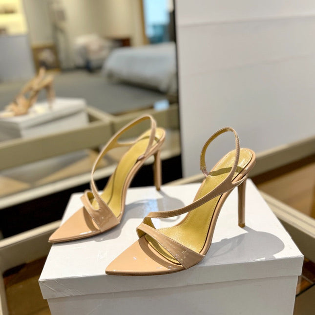 GIANVITO ROSSI 26S STRAPPY HIGH-HEEL SANDALS 105 MM IN BEIGE PATENT CALFSKIN