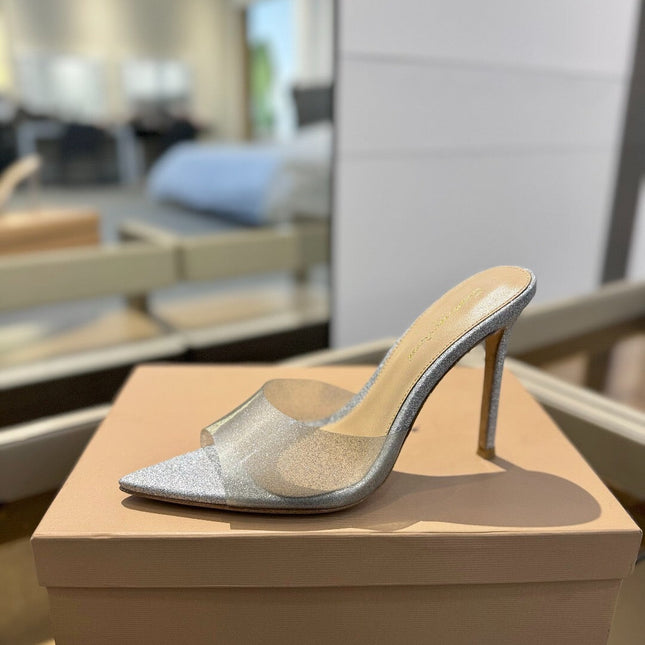GIANVITO ROSSI 26S POINTED-TOE HIGH-HEEL SANDALS 105 MM IN SILVER GLITTER FABRIC