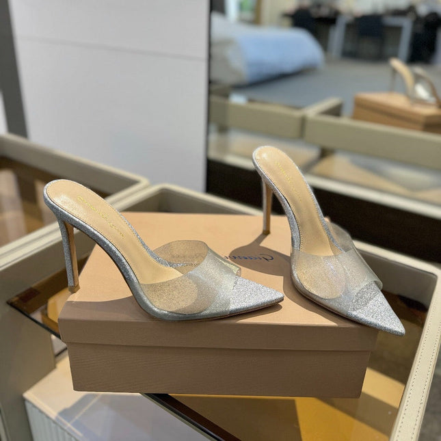GIANVITO ROSSI 26S POINTED-TOE HIGH-HEEL SANDALS 105 MM IN SILVER GLITTER FABRIC