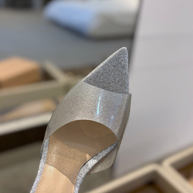 GIANVITO ROSSI 26S POINTED-TOE HIGH-HEEL SANDALS 105 MM IN SILVER GLITTER FABRIC