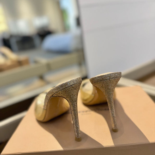 GIANVITO ROSSI 26S POINTED-TOE HIGH-HEEL SANDALS 105 MM IN CHAMPAGNE GOLD GLITTER FABRIC