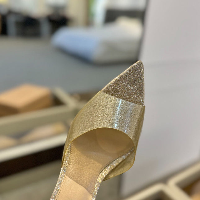 GIANVITO ROSSI 26S POINTED-TOE HIGH-HEEL SANDALS 105 MM IN CHAMPAGNE GOLD GLITTER FABRIC