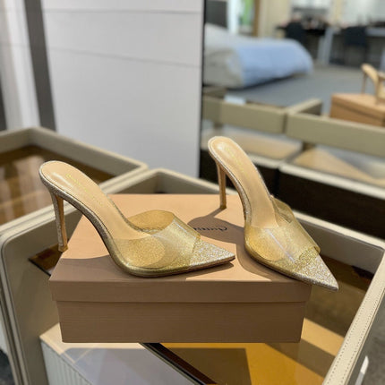 GIANVITO ROSSI 26S POINTED-TOE HIGH-HEEL SANDALS 105 MM IN CHAMPAGNE GOLD GLITTER FABRIC