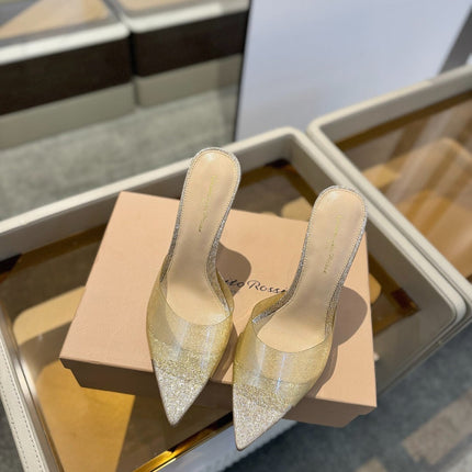 GIANVITO ROSSI 26S POINTED-TOE HIGH-HEEL SANDALS 105 MM IN CHAMPAGNE GOLD GLITTER FABRIC