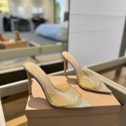 GIANVITO ROSSI 26S POINTED-TOE HIGH-HEEL SANDALS 105 MM IN CHAMPAGNE GOLD GLITTER FABRIC