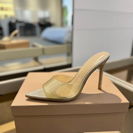 GIANVITO ROSSI 26S POINTED-TOE HIGH-HEEL SANDALS 105 MM IN CHAMPAGNE GOLD GLITTER FABRIC